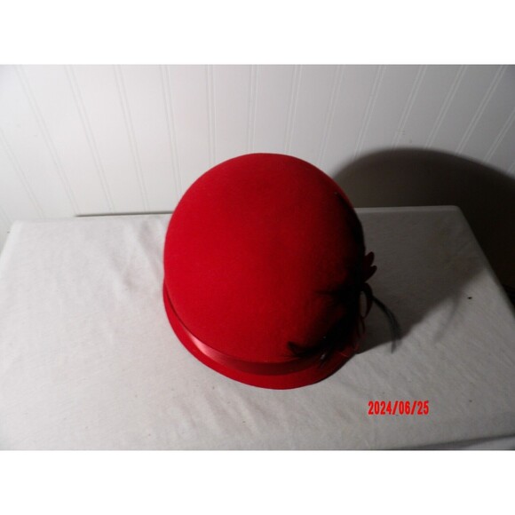 Sur la tete Red 100% Wool Cloche Hat with Black Feather & Wide Red Ribbon‎ main image 4